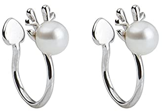 Chengxun Perlen Ohrclip Ohrringe Knorpel Clip Elch Geweih Nicht Piercing Ohrringe Weihnachtsgeschenke für Frauen Mädchen Weißgold, Weißgold
