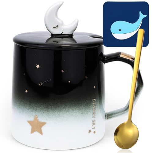 Arawat Süße Tasse mit Deckel Stern & Mond 3d Tasse Geschenk Lustige Kaffeetasse 420ml Pink Teetasse mit Löffel & Untersetzer Tee Kaffee Becher Cute Geburtstagsgeschenk für Freundin Frauen Mädchen