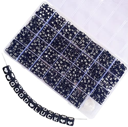Gxadwzy 950 Stück Buchstabenperlen Würfel Schwarz 6x6mm Buchstaben A-Z und Herz Perlen für Armbänder Schmuck Basteln