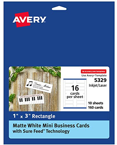 Avery Mini Business Cards with Sure Feed Technology, 1 x 3, Matte White, 160 Small Business Cards Total, Print-to-The-Edge, Laser/Inkjet Printable Cards (5329)