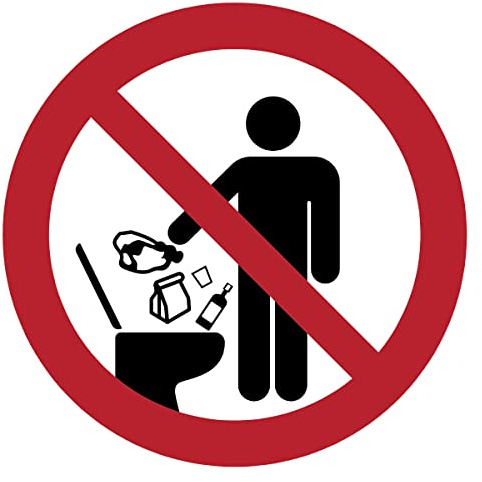 Adhesivo de Señalización Laminado Redondo Adhesivo Resistente al Agua ISO 7010 - Adhesivo Laminado Resistente a los Rayos UV - Prohibido Tirar Objetos En Los Baños - Diámetro 25 cm