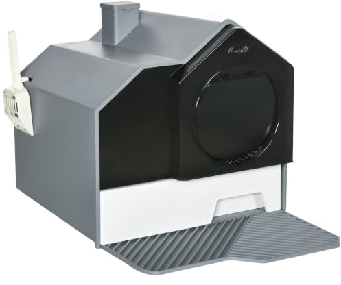 PawHut Lettiera per Gatti Chiusa con Vassoio Estraibile 47x45x42cm Grigio | Toilette per Gatti con Coperchio, Tappetino e Paletta Inclusi