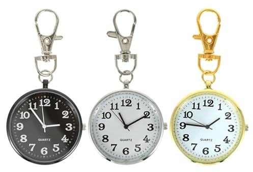 Hemobllo Pocket Watch Key Chain 3-Pack Large Dial Lightweight Key Buckle Hanging Watch Convenient Time Checking for Nurses and Elderly