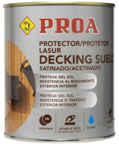 Lasur protector Decking suelo para madera al agua. 750 ML. Pino. Exterior. Cuida y protege la madera de suelos con acabado natural. Satinado. Proa.