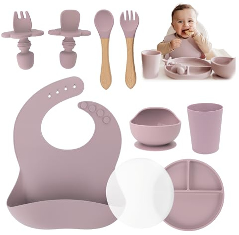 Yunioo - Set aliment. bambini silicone | Set svezzamento guidato 9 pz | Silicone microonde, forno, lavastoviglie | Ciotola, piatto ventosa | Bavaglino, tazza all., coperchio piatto, posate bambini