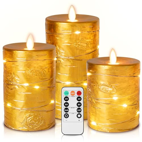 Da by Goldene LED Kerzen, Batteriekerze mit eingelassener Lichterkette, 3-teilige flammenlose Kerze mit 11-Tasten-Fernbedienung, 24-Stunden-Timer-Funktion, tanzende Flamme, echtes Wachs