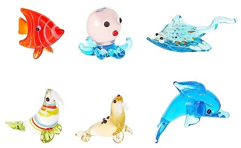 AHANDMAKER 6 Stück kleine Ozeantier-Vogelfiguren, 6 Stile, Meerestier-Ornament für Tisch, Heimdekoration, Delfin, Tintenfisch, Schmetterling, Glas, Display, Miniatur für Jahrestag, Geburtstag,