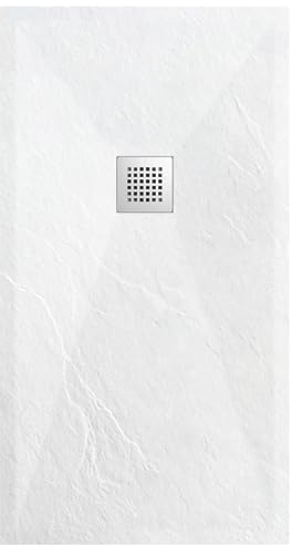 BALNEO Plato de Ducha con Tapa de Plato de Ducha, Compuesto de Resina Sintética, Estructura Antideslizante y Antibacteriana, con Faldón Bajo, Plato de Piedra Blanco F 90 X 120 X 2,5cm