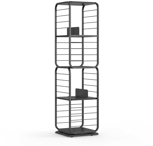 VASAGLE Bücherregal 4 Ebenen, drehbares Regal mit Buchstützen, Standregal für kleine Räume, Aufbewahrungsregal, Eckregal, Stahlrahmen, ebenholzschwarz-tintenschwarz LLS127B56