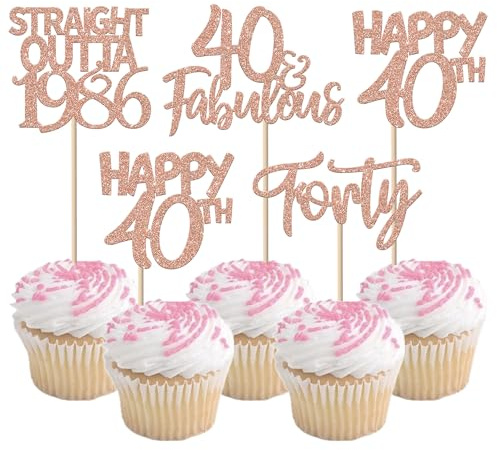 SYKYCTCY 24 Pack 40th Birthday Cupcake Toppers Happy 40th Straight Outta 1986 Forty Awesome Since 1986 Cupcake Picks 40 Fabulous Cake Decorations for 40th Birthday Anniversary Party Rosegold