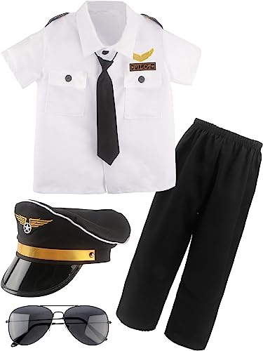 Puteraya Children Pilot Costume Set Captain Uniform Dress Up for Kids Boys Halloween Cosplay Pretend Role Play Theme Party (Pilot Costume Set 1, L, 8-9 Years(120-130cm))