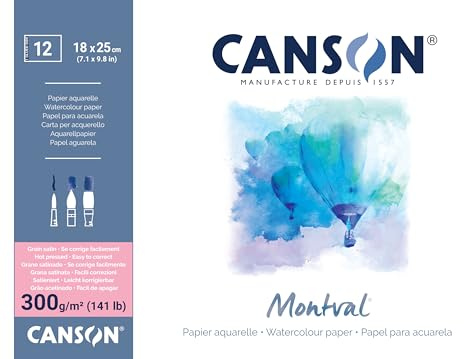 CANSON Montval - Bloc 12 feuilles papier aquarelle grain satin - 18 x 25cm - 300g/m², Blanc
