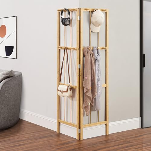 [en.casa] Appendiabiti Angolare 2 Pannelli a Griglia con 12 Ganci Porta Abiti Appendiabiti Autoportante Regolabile in Angolazione 165,5 x 92 x 8 cm Bambù Naturale