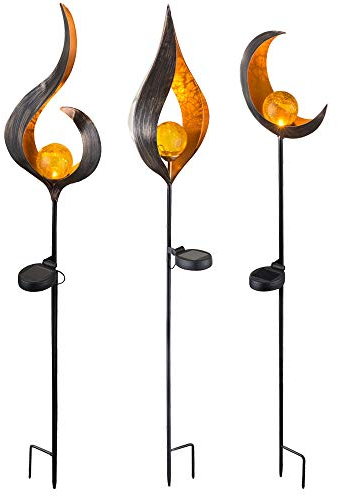 GLOBO LED Gartendeko Solarleuchten Steckleuchten Außenleuchte Dekoration, Flammen-Design Halbmond, IP44, klar bronzefarben, 3er Set