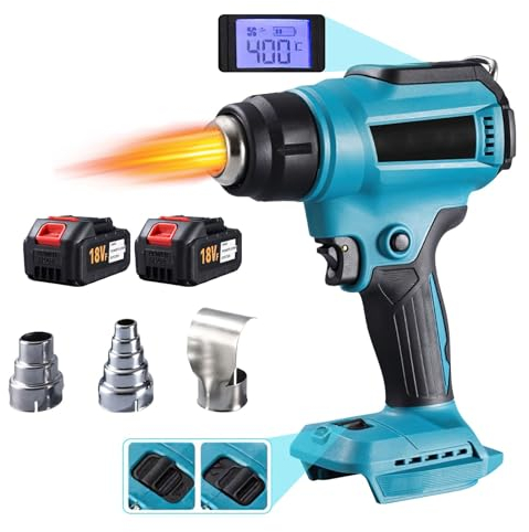 Akku-Heißluftpistole, Max 550℃ Heißluftpistole für Makita 18v Batterie, mit 40000mAh*2 wiederaufladbare Batterie, 3 Düsen, 2 Luftstromeinstellung, LED Licht (mit 40000mAh*2 Akku)