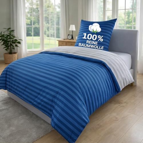 MALIKA Bettwäsche 155x220 Baumwolle, 2-teiliges Set, Streifenmuster, Wende Bettbezug 155 x 220 cm, Kissenbezug 80x80 cm, Renforcé, atmungsaktiv, maschinenwaschbar, Blau