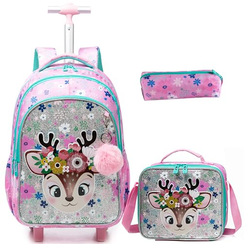 Egchescebo Kinder Rucksack mit Fuchs Rollen Kinderkoffer Mädchen für Koffer Schultrolley Kindertrolley Trolley Groß Schultasche Handgepäck Kindergepäck 17 3pcs Sätze Geeignet für Grundschüler Rosa