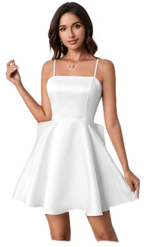 WDIRARA Women's Satin Bow Homecoming Dresses Spaghetti Strap Wedding Guest Gown Summer Mini Dress A White