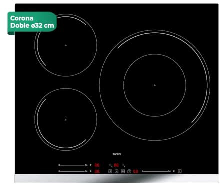 Svan Placa de Inducción Cristal negro SI3601SB32. Potencia máx. 7400 W, Zonas de Cocción, Niveles de Cocción, Control Slider táctil, Función Turbo, Bloqueo y Autodesconexión de Seguridad