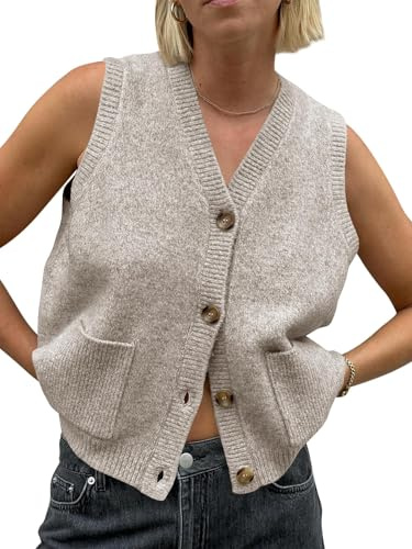 Saodimallsu Damen Ärmellos Pullover Weste Lockere Passform Strickwesten Knopf V Hals Stricken Trendy Casual Strickjacke mit Taschen Helles Khaki Mittel