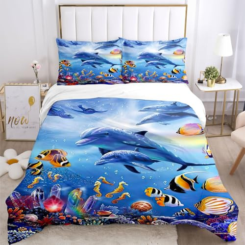 BNREDA Copripiumino tartaruga 135x200,Set di biancheria da letto con animali marini 3D,con motivo a delfino, pesce tropicale, corallo, per adulti e bambini (Mondo Sottomarino B, 135 x 200 cm)