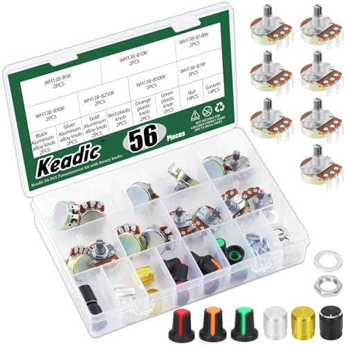 Keadic 29PCS 7 Different Sizes Knurled Shaft Linear Rotary Taper Potentiometer B5K 10K 50K 100K 250K 500K 1M Ohm Potentiometer with 6 Different Kinds Potentiometer Knob for Audio Projects