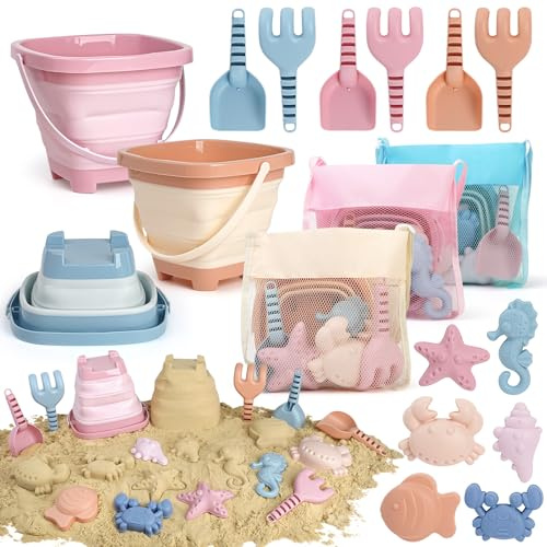 Dreamon Sandspielzeug Strandspielzeug Kinder, 18 PCS Reise Sandspielzeug mit Faltbarer Eimer, Sandkasten Strand Spielzeug für Kinder ab 3 4 5 Jahre Mädchen Junge