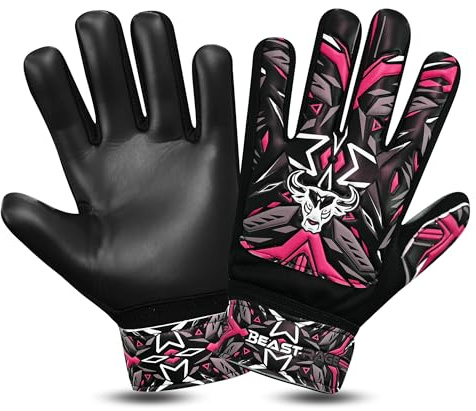 BEAST RAGE Fotboll målvaktshandskar för pojkar barn ungdomar, fotboll målvaktshandskar med starkt grepp för de tuffaste besparingarna, handledsstöd 4 mm latex palm (rosa, storlek 4 lämplig för 6 till