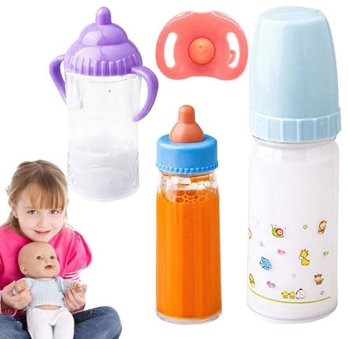 Magische Puppenflaschen – 3-teiliges tragbares Milchflaschen-Puppenzubehör | Puppen-Fütterungsspielzeug-Set mit langlebigen, einziehbaren Milch- und Saftflaschen mit Schnuller als Weihnachts- und Gebu