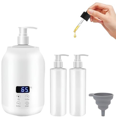 Massage Oil Heater with 2 250ML Oil Bottle Dispenser, Lotion Heater Dispenser Heater Smart Display Lube Heater for Essential Oils, Lotions and Shower Gels