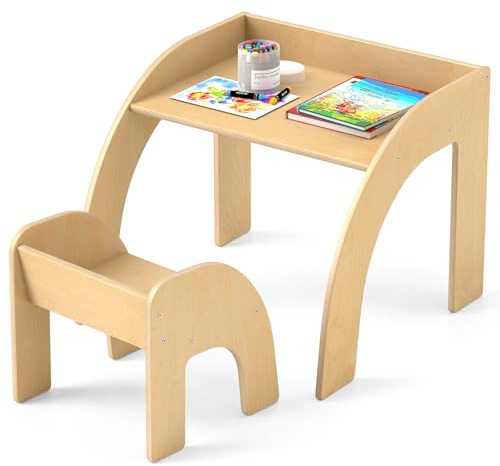 GOPLUS Table Enfant avec Chaise, Bureau Enfant en Bois avec Chaise Ergonomique, Plateau Large, Petit Table d'Activités pour Manger, Dessiner, Lire, Meuble de Chambre d'enfant (Naturel)