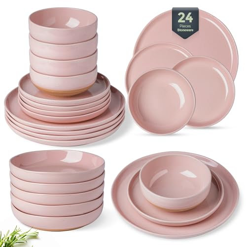 GBHOME 24-teiliges Tafelservice aus gesprenkeltem Steingut für 6 Personen – handbemalt und mit einzigartigem Wellenrand, spülmaschinen- und mikrowellengeeignet, Teller- und Schüssel-Set, Rosa