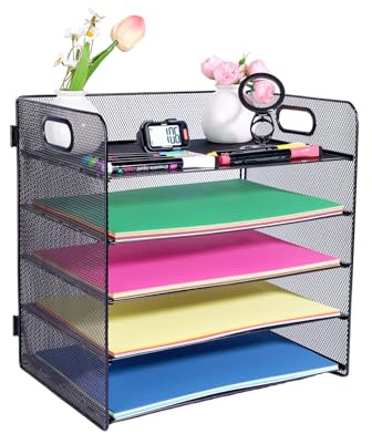 HMXLJJY Bandeja organizadora de cartas de papel A4 de 5 niveles con asa, bandeja organizadora de escritorio de malla, bandeja de cartas, soportes para bandejas de documentos de escritorio, estante de