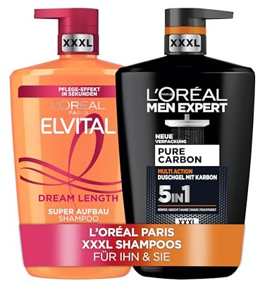 L'Oréal Paris XXXL Pflege-Set für Sie & Ihn: Men Expert Pure Carbon 5in1 Duschgel – Tiefenreinigung für Haut & Haare & Elvital Hydra Hyaluronic Shampoo – Feuchtigkeit, Glanz&Geschmeidigkeit, 2x1000 ml