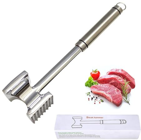 Fleymu Mazo para Carne Acero Inoxidable, Ablandador de Carne 28 cm, Martillo Carne Cocina, Agarre Cómodo, el Lavavajillas, Mazo para Carne Doble Cara para Chuletas, Chuletas, Filetes