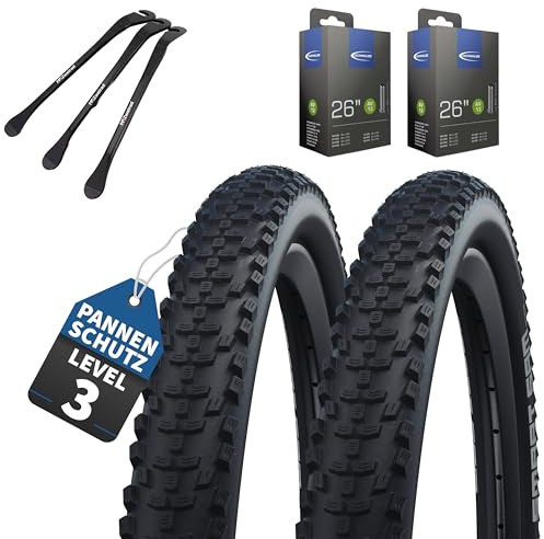 2er Set Schwalbe Fahrradreifen Smart Sam HS624, 26 Zoll x 2.00 Zoll (50-559), auswählbar mit Schläuchen AV/DV/SV/Ohne + 3 MSZweirad Reifenheber (AV-Auto Ventil, 26x2.00 Zoll (50-559))