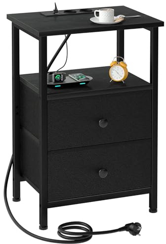 AMHANCIBLE Sängbord med laddningsstation, sidobord med tyglåda, soffbord med öppen hylla, med USB-portar och uttag, nattduksskåp för sovrum, vardagsrum, svart HETS020BK-1