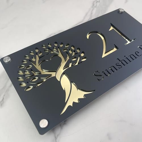 Numéro de maison 3D personnalisé arbre de vie - Plaque d'adresse moderne en acrylique | Décoration murale extérieure étanche | Plaque d'immatriculation de porte personnalisée découpée au laser