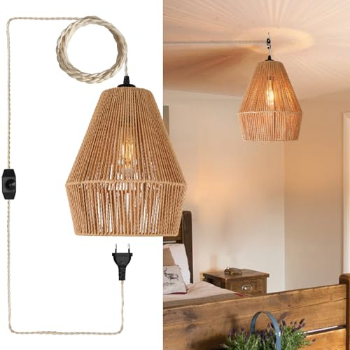 bomiel Rattan Hängelampe mit Stecker Ø24cm, Boho Vintage Pendelleuchte | 4,5m Kabel & Drehschalter; handgefertigtes Flechtmuster; kein Bohren; für Schlafzimmer, Wohnzimmer, Flur & Büro