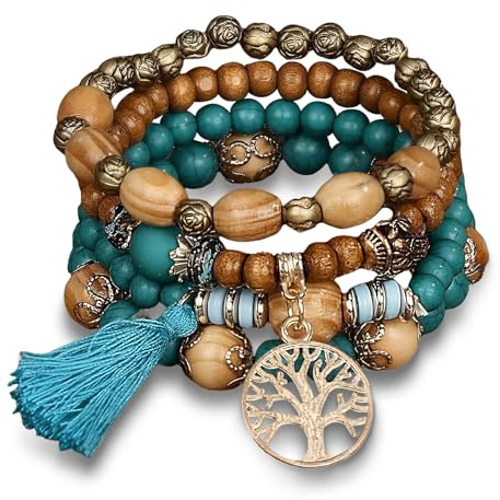 COONE 4 Pack Boho Bracelets for Women, Beaded Bracelets, Elastic Wooden Beads Bohemian Design for Festival Accessories Women, Cow Girl & Western Jewellery Style​(Peacock Blue)​
