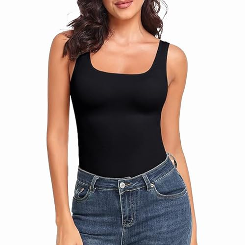 KIKIMINK Compression Amincissant Débardeur col carré Slim Fit Top pour Femme Haut Gainant sans Coutures (FR/ES, Alpha/Lettres, L, Taille Normale, Taille Normale, Noir)