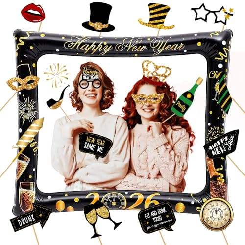 YYSWSAKY 2026 Neujahr Aufblasbarer Bilderrahmen Mit 22 Pcs Foto Requisiten, Silvester Photo Booth, Neues Jahr Party Fotobox Accessoires, Schwarz Gold Selfie Rahmen Für New Year
