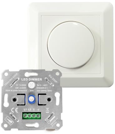 Dimmer Schalter LED 230V Dimmschalter für dimmbare LED Lampen 5-200W, Unterputz Drehdimmer Phasenabschnittsdimmer für dimmbare LED Lampen, Glühlampe und Halogenlampe, Ohne Klemmkrallen, Weiß