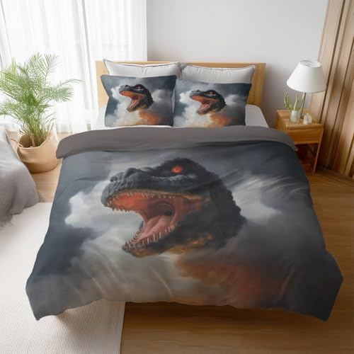 Lavabile in lavatrice Grigio Fantasia Letto completo Misterioso Fumo Dinosauro Morbidezza Anti grinze Microfibra per camera da letto e soggiorno Duvet Cover 150 x 200 cm