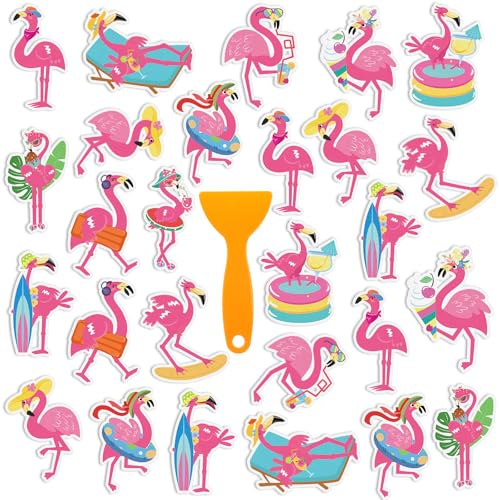 Yaomiao 24 Pcs Flamingo Non Slip Bathtub Stickers Summer Hawaiian Anti Slip Shower Stickers Tropical Luau Aloha Decals Threads Adhesive Appliques with Scraper for Safety Bathroom Shower Floor Stairs