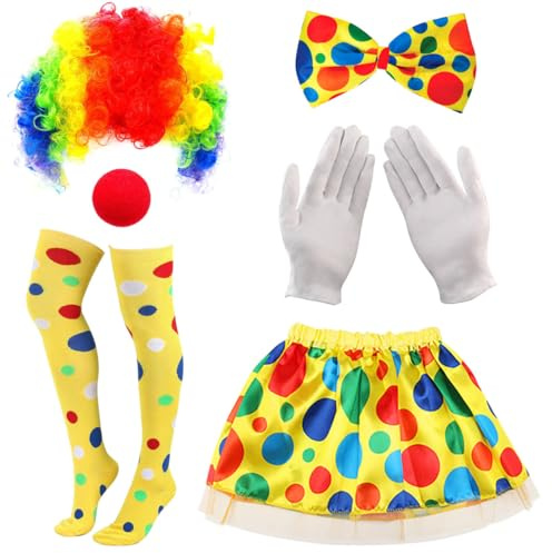 LjFrexia 6 Stück Clown Kostüm Set, mit Bunte Clown-Perücke, Nase, Fliege, Handschuhe, Minirock und Kniestrümpfe, Cosplay Kostümzubehör, für Karneval Halloween Zirkus-Party