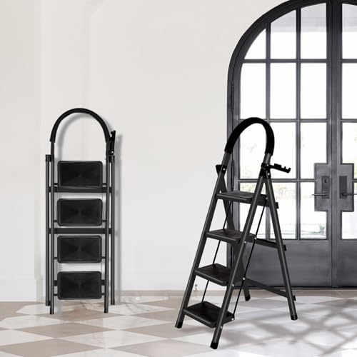Escabeau Pliable, Escabeau Pliable avec Rampe, Grandes Marches, Petite Échelle Domestique pour La Cuisine, Facile à Utiliser, Capacité Charge 180kg,133 x 74 x 39 cm – 4 étapes (Noir)