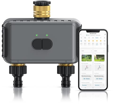 Brandson - WLAN Bewässerungscomputer mit 2 Ausgängen - WiFi Bewässerungssystem Garten - Bewässerungstimer - mit App - Automatische Bewässerung - Regenverzögerung - Alexa, Google Assistant
