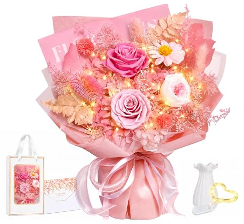 Konservierter Blumenstrauß mit Vase, Rosa Rosenstrauß, Infinity Konservierte Echt Flower, Rosestrauß in Geschenkbox, Valentinstag Geschenke für sie, Geschenke für, Frauen, Mädchen, Freundin, Muttertag