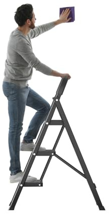 3 Step Folding Ladder, Heavy Duty Steel Stepladder with Safety Lock, Extra Wide Anti-Slip Pedals, Triangle Stability Frame, Portable Iron Step Stool for Home Use, 150kg Load (Black)